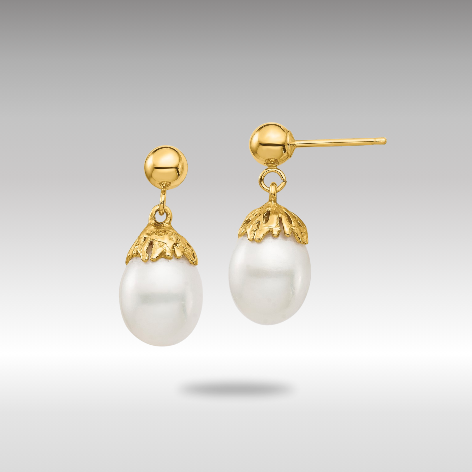 Gold 7-8mm White Rice Freshwater Cultured Pearl Dangle Post Earrings - Model XF693E - Charlie & Co. Jewelry