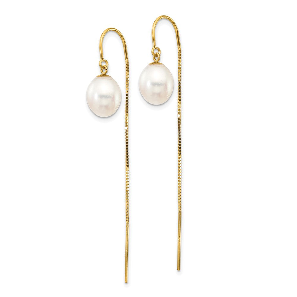 Gold 7-8mm White Rice FW Cultured Pearl Box Chain Threader Earrings - Model XF710E - Charlie & Co. Jewelry