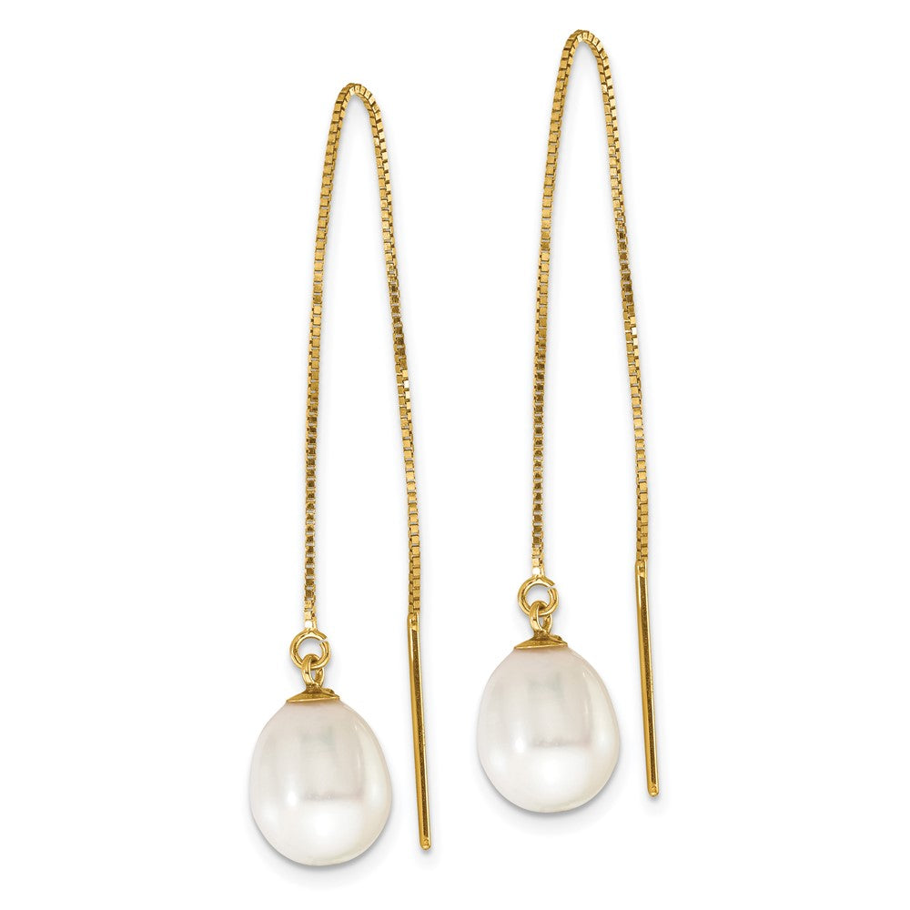 Gold 7-8mm White Teardrop FW Cultured Pearl Box Chain Threader Earrings Model-XF713E - Charlie & Co. Jewelry