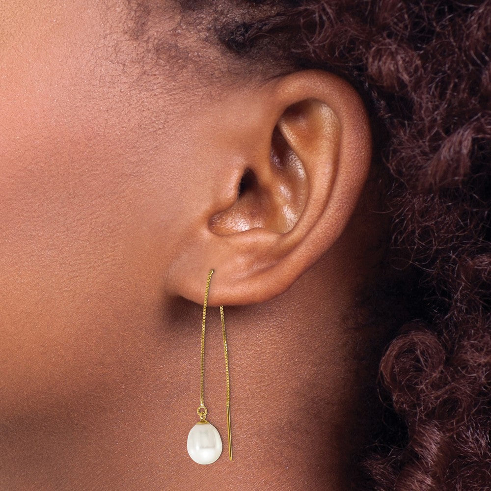 Gold 7-8mm White Teardrop FW Cultured Pearl Box Chain Threader Earrings Model-XF713E - Charlie & Co. Jewelry