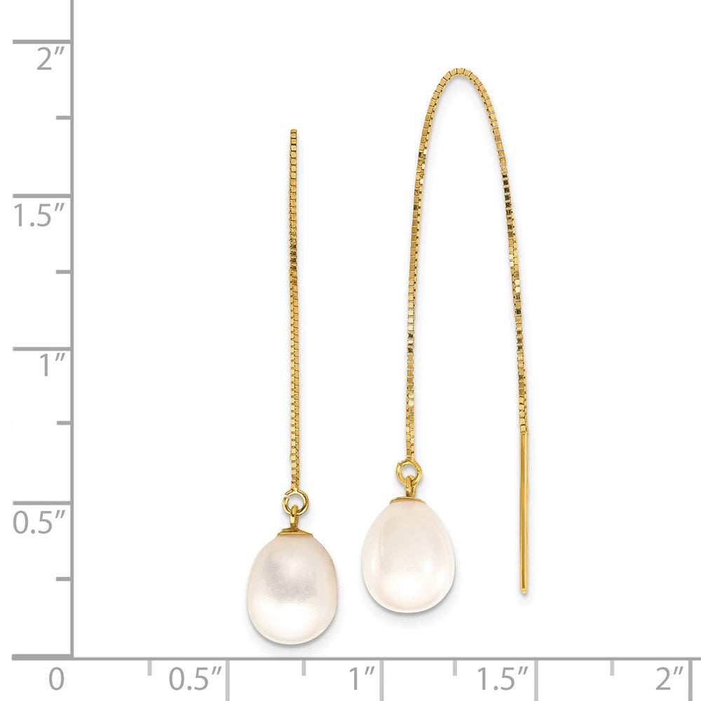 Gold 7-8mm White Teardrop FW Cultured Pearl Box Chain Threader Earrings Model-XF713E - Charlie & Co. Jewelry