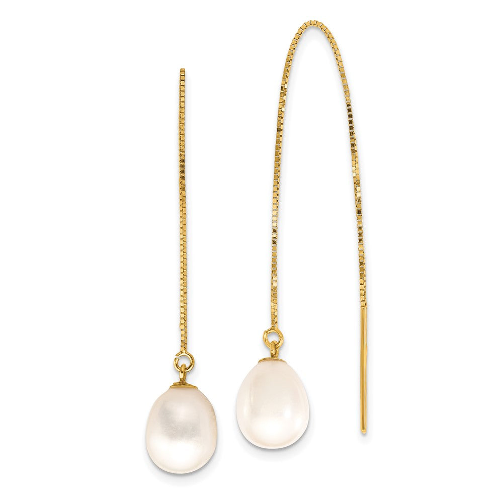 Gold 7-8mm White Teardrop FW Cultured Pearl Box Chain Threader Earrings Model-XF713E - Charlie & Co. Jewelry