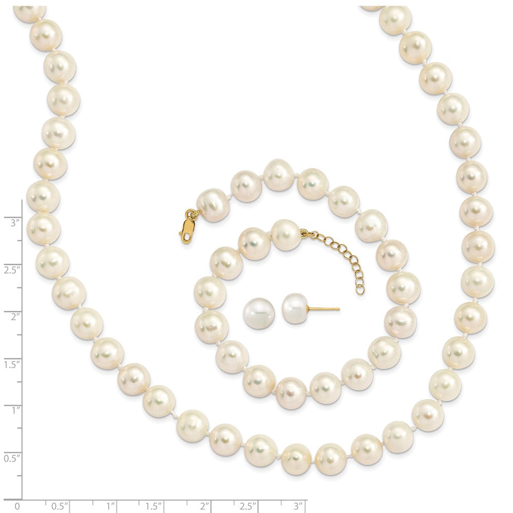 Gold 8-9mm Near Round White FWC Pearl Earring with 1in ext. Bracelet with 2in ext Necklace - Model XF769SET - Charlie & Co. Jewelry