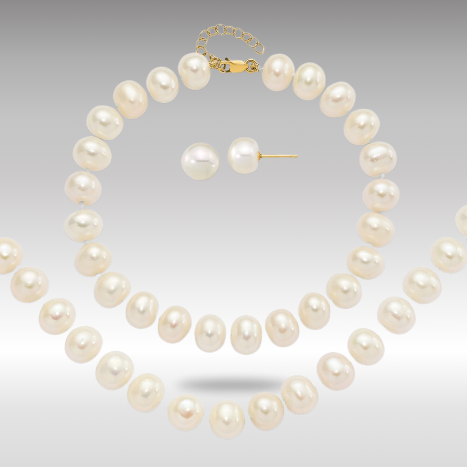 Gold 8-9mm Near Round White FWC Pearl Earring with 1in ext. Bracelet with 2in ext Necklace - Model XF769SET - Charlie & Co. Jewelry