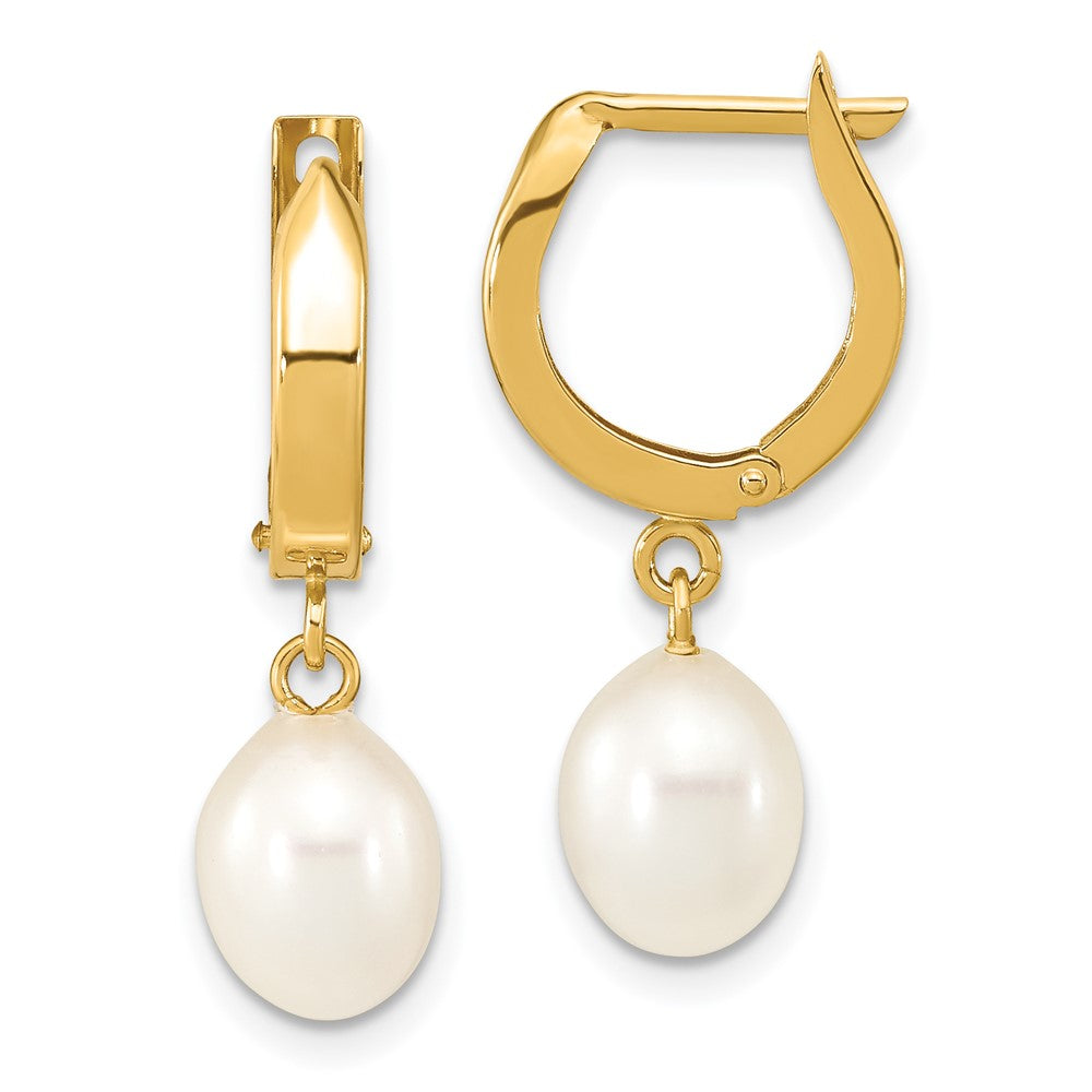 Gold 6-7mm Rice White FWC Pearl Hoop Dangle Earrings Model-XF792E - Charlie & Co. Jewelry