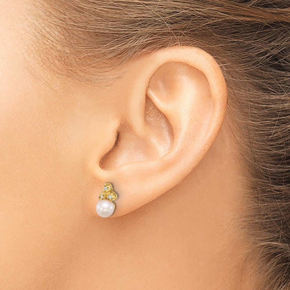 Gold 5-6mm Button Freshwater Cultured Pearl .06ct Dia Post Earrings - Model XF847E - Charlie & Co. Jewelry