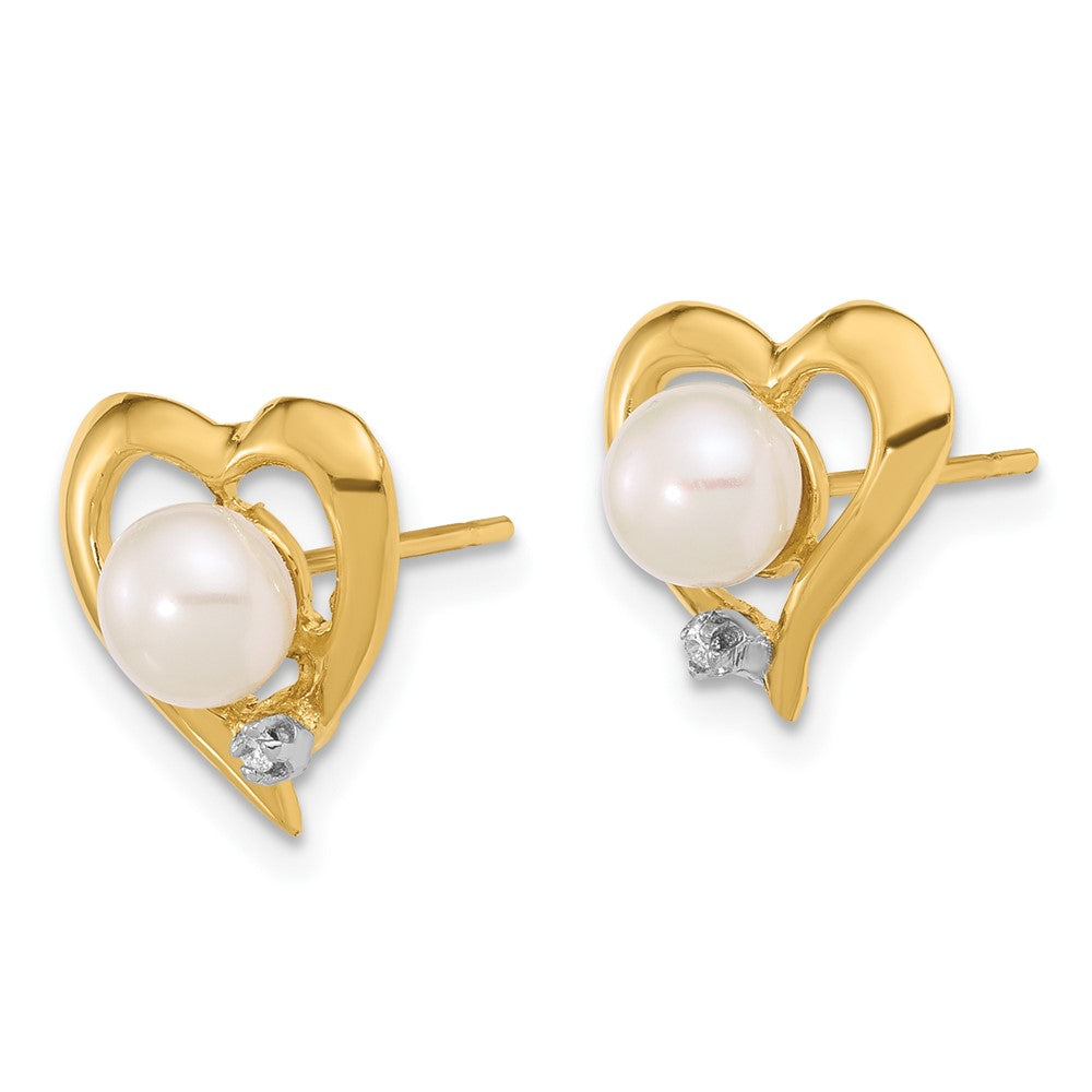 Gold 5-6mm Button White FWC Pearl .02ct Diamond Heart Post Earrings - Model XF849E - Charlie & Co. Jewelry