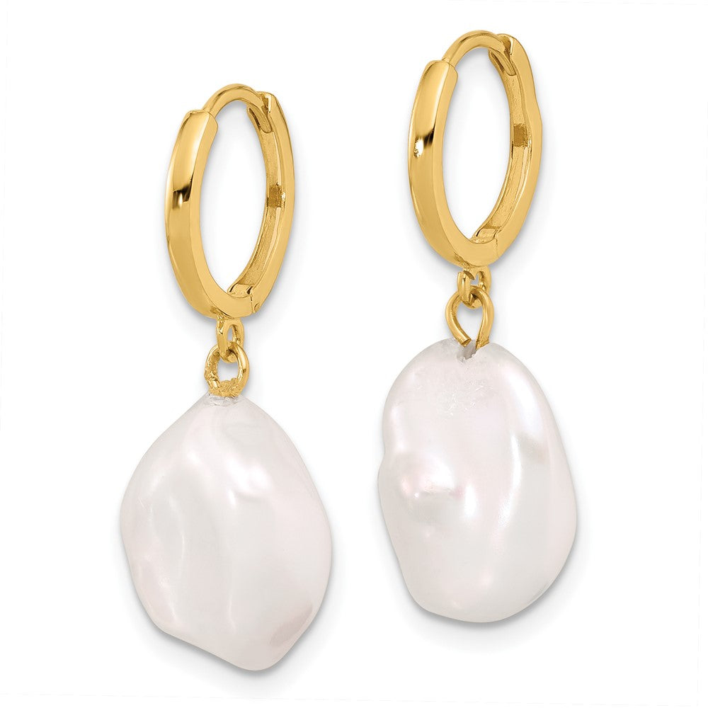 Gold 11-12mm Keshi White Freshwater Cultured Pearl Dangle Hoop Earrings - Model XF860E - Charlie & Co. Jewelry