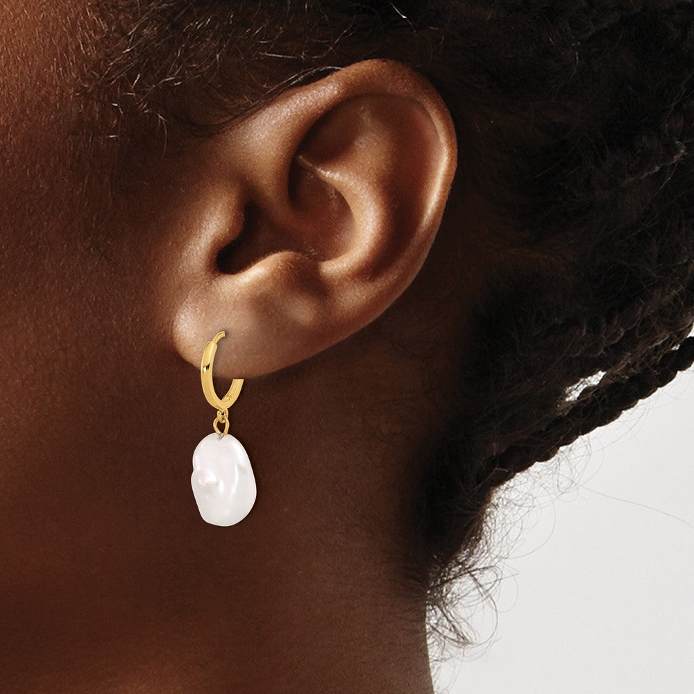 Gold 11-12mm Keshi White Freshwater Cultured Pearl Dangle Hoop Earrings - Model XF860E - Charlie & Co. Jewelry