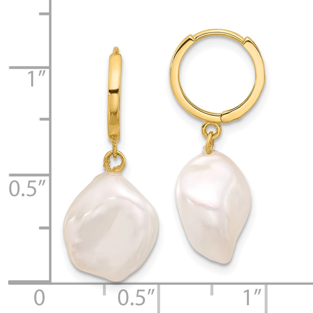 Gold 11-12mm Keshi White Freshwater Cultured Pearl Dangle Hoop Earrings - Model XF860E - Charlie & Co. Jewelry