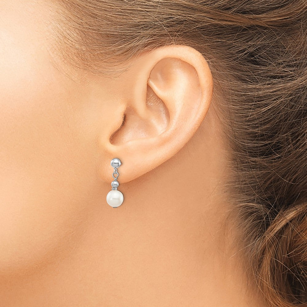 White Gold 7-8mm White Semi-round Freshwater Cultured Pearl Dangle Post Earrings Model-XFW564 - Charlie & Co. Jewelry