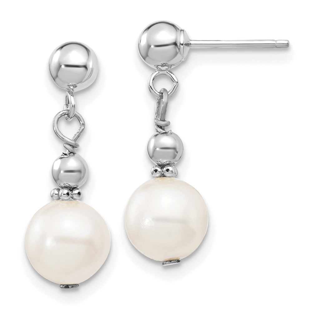 White Gold 7-8mm White Semi-round Freshwater Cultured Pearl Dangle Post Earrings Model-XFW564 - Charlie & Co. Jewelry