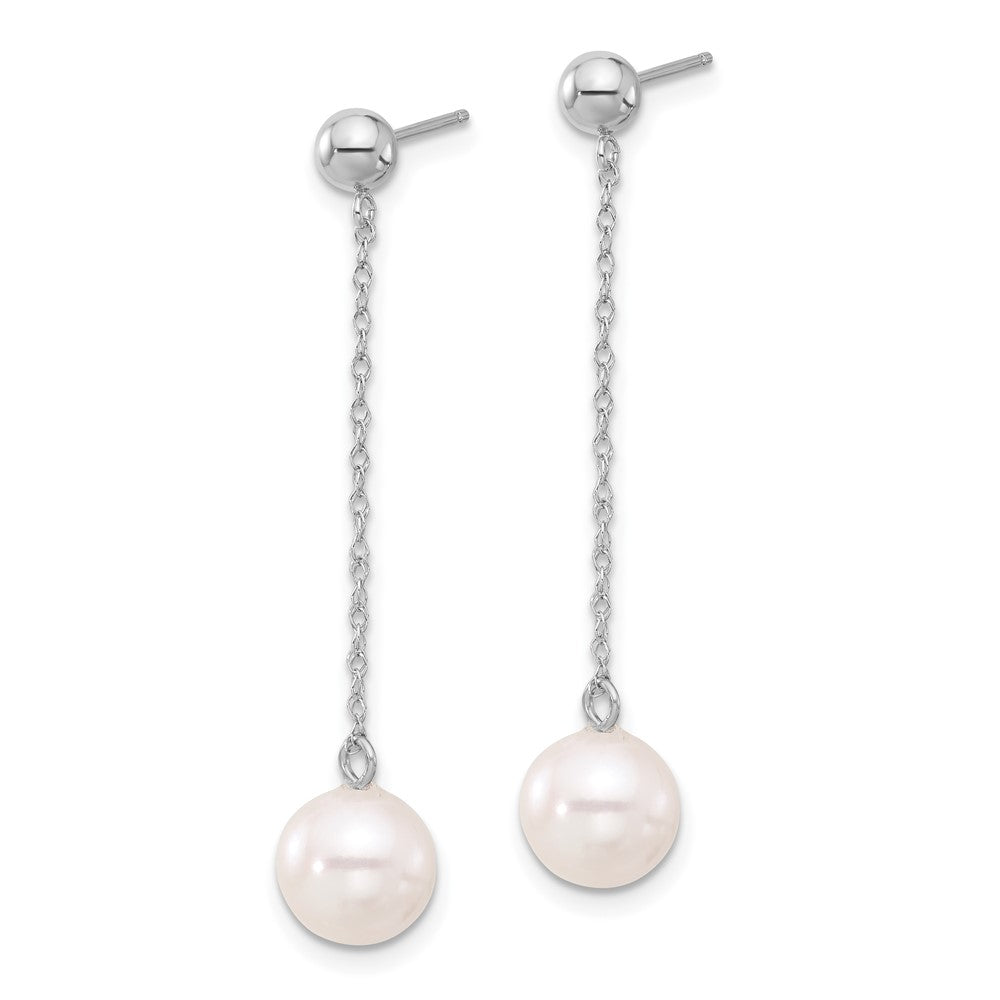 White Gold 7-8mm White Round Freshwater Cultured Pearl Dangle Post Earrings Model-XFW652E - Charlie & Co. Jewelry