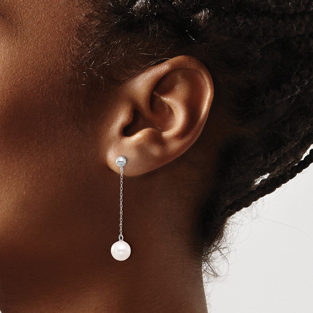 White Gold 7-8mm White Round Freshwater Cultured Pearl Dangle Post Earrings Model-XFW652E - Charlie & Co. Jewelry