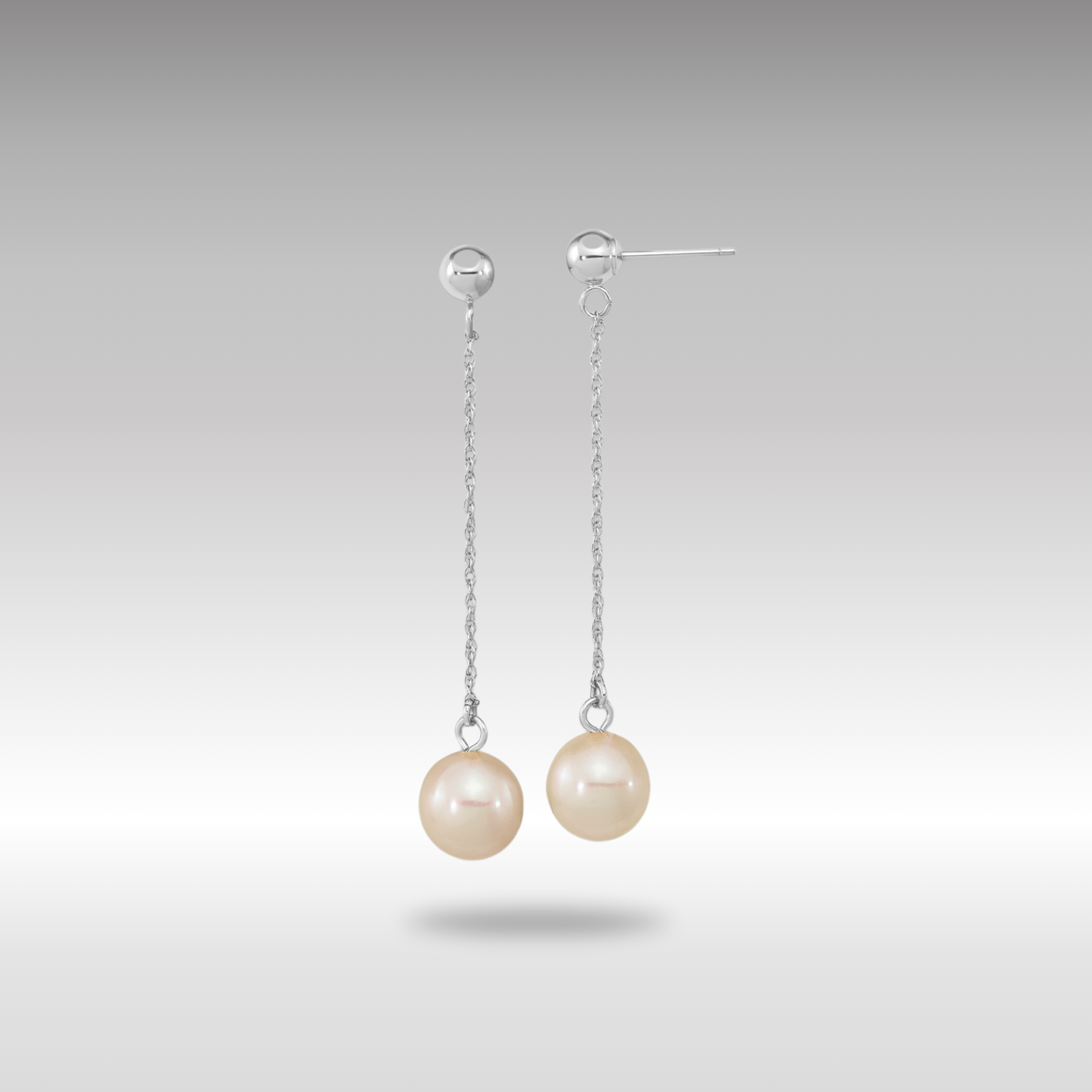 White Gold 7-8mm White Round Freshwater Cultured Pearl Dangle Post Earrings Model-XFW652E - Charlie & Co. Jewelry