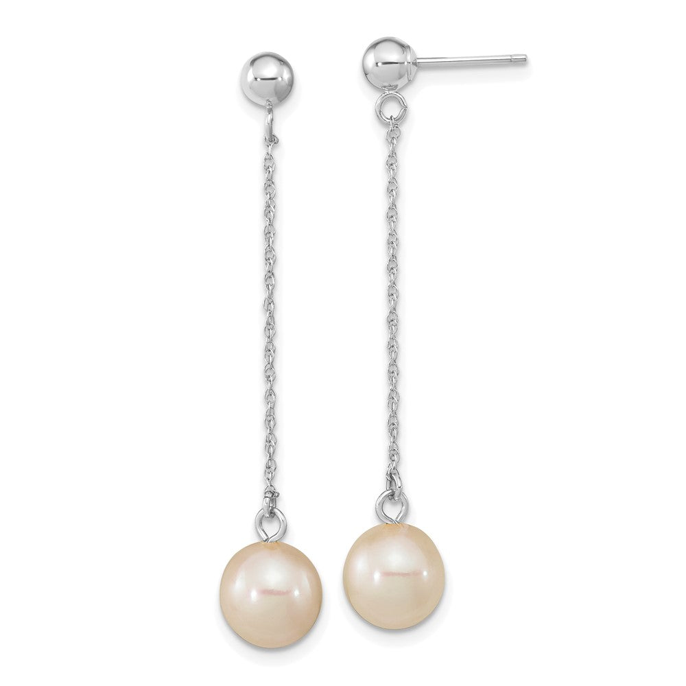 White Gold 7-8mm White Round Freshwater Cultured Pearl Dangle Post Earrings Model-XFW652E - Charlie & Co. Jewelry
