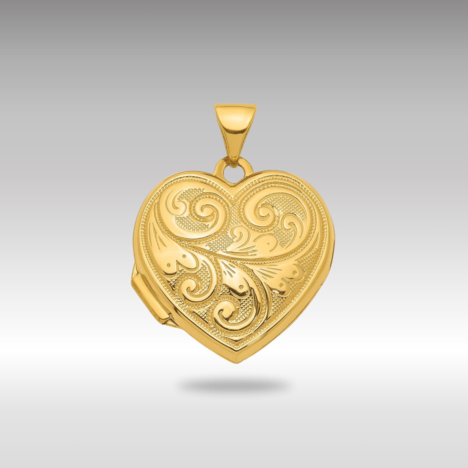 14K Gold 19mm Scroll Design Reversible Heart Locket Pendant