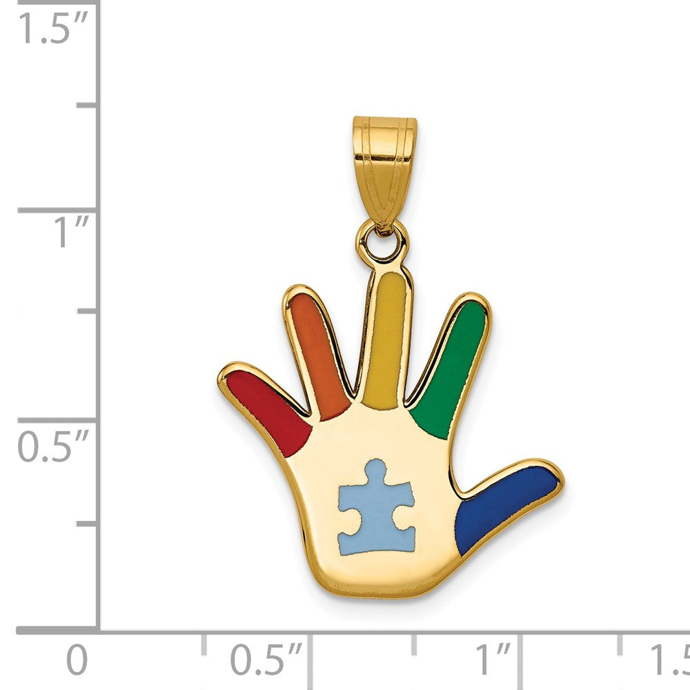 14K Gold Enameled Autism Awareness Handprint with Puzzle Piece Necklace Pendant - Charlie & Co. Jewelry