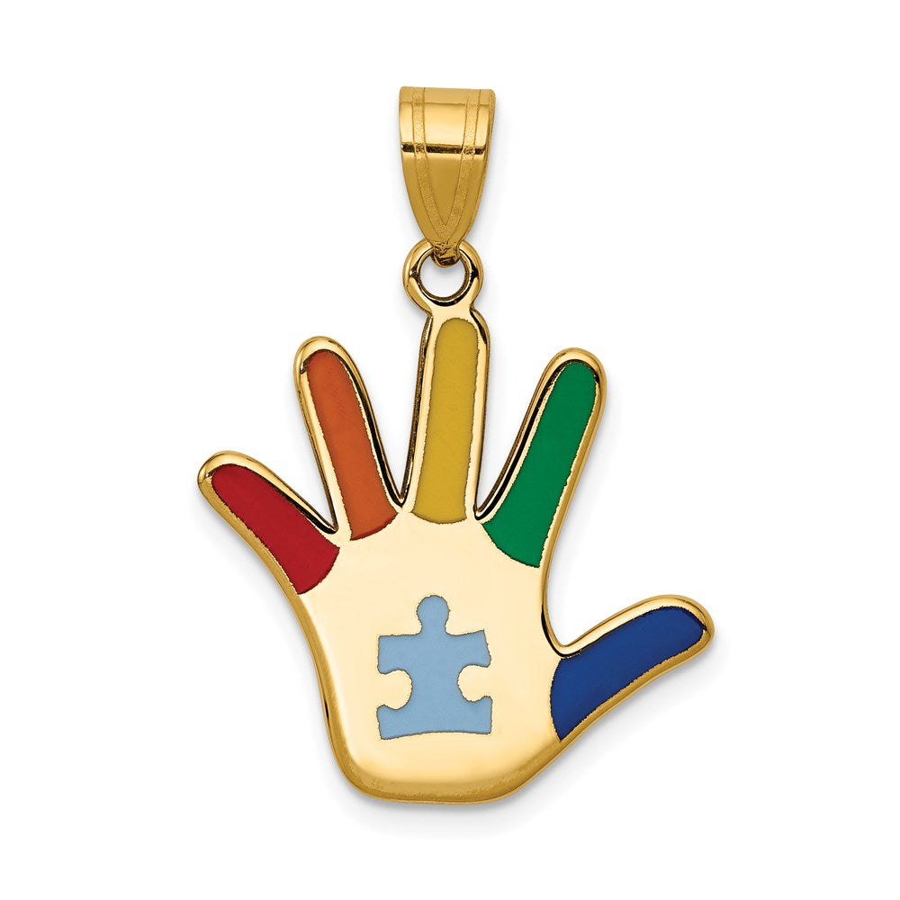 14K Gold Enameled Autism Awareness Handprint with Puzzle Piece Necklace Pendant - Charlie & Co. Jewelry