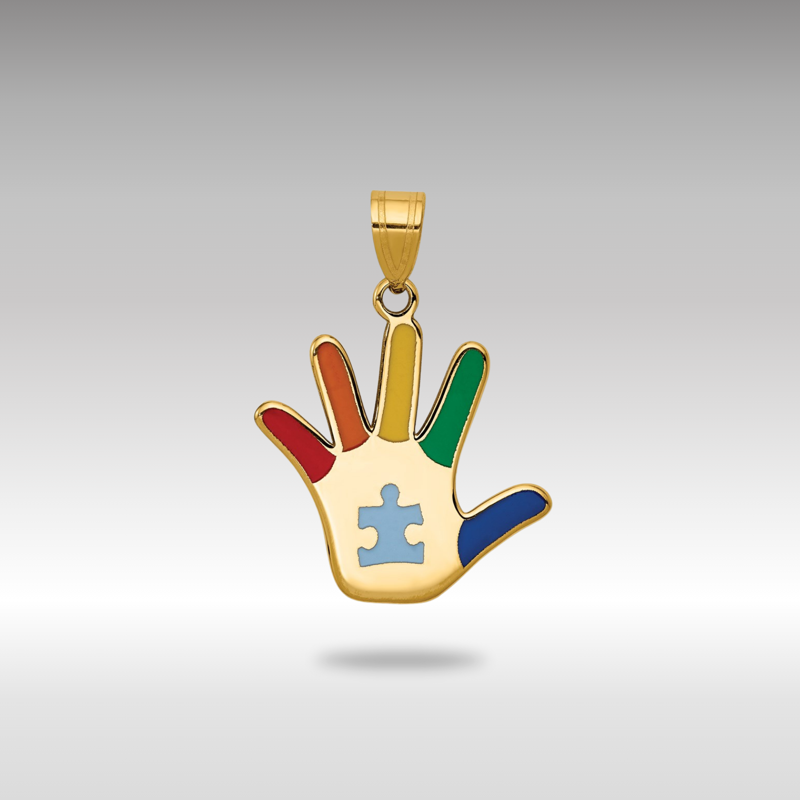 Gold Enameled Autism Awareness Handprint with Puzzle Piece Necklace Pendant - Charlie & Co. Jewelry