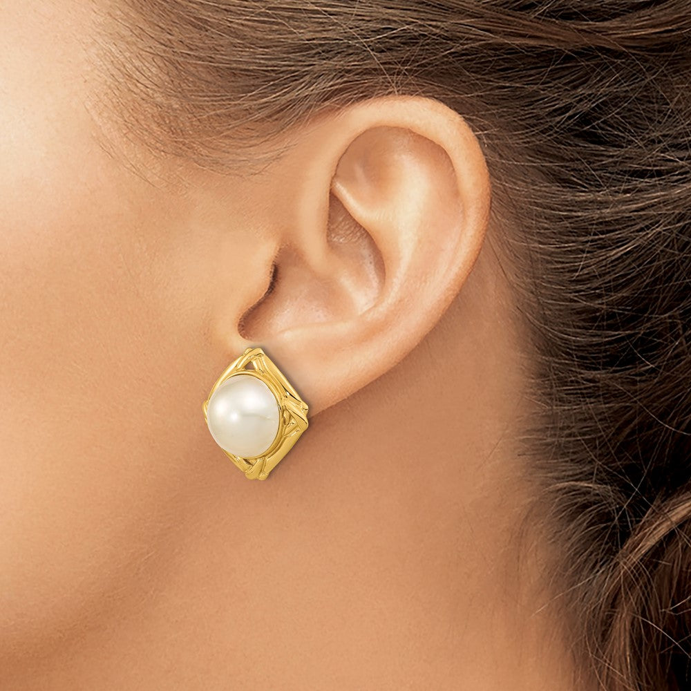 Gold 13-14mm White Mabe Saltwater Cultured Pearl Omega Back Earrings - Model XMP100 - Charlie & Co. Jewelry