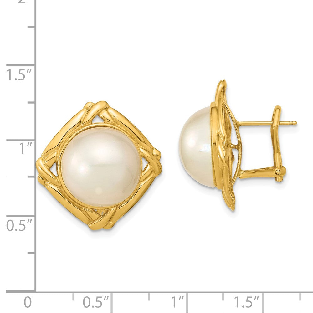 Gold 13-14mm White Mabe Saltwater Cultured Pearl Omega Back Earrings - Model XMP100 - Charlie & Co. Jewelry