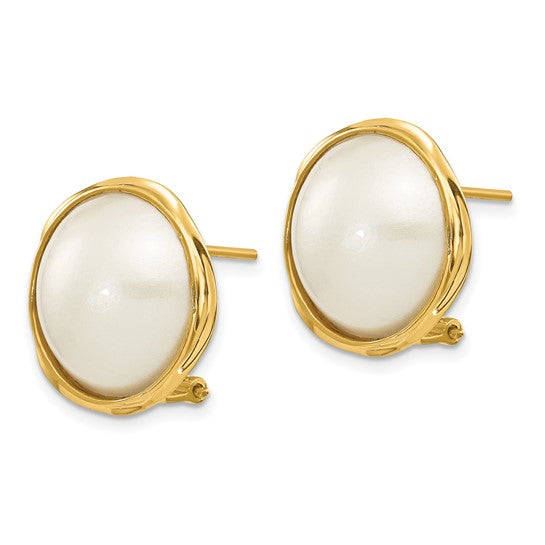 14K Gold 14-15mm White Freshwater Cultured Mabe Pearl Omega Back Earrings - Model XMP70