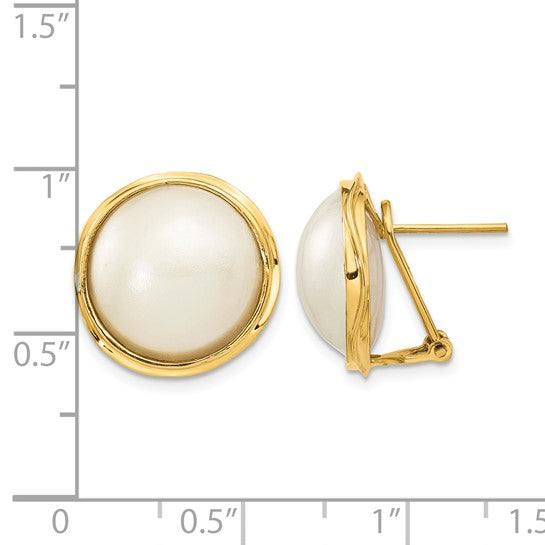 14K Gold 14-15mm White Freshwater Cultured Mabe Pearl Omega Back Earrings - Model XMP70