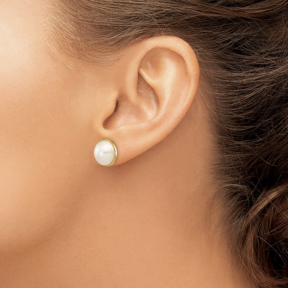 Gold 9-10mm White Freshwater Cultured Mabe Pearl Post Earrings - Model XMP96 - Charlie & Co. Jewelry