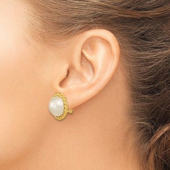 14K Gold 13-14mm White Mabe Saltwater Cultured Pearl Omega Back Earrings - Model XMP97