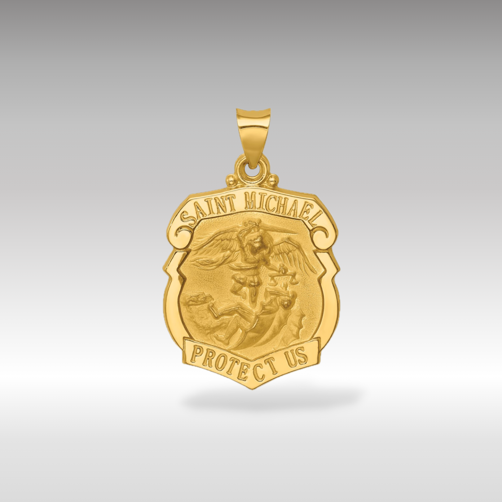 14K Gold Polished St. Michael Badge Medal Hollow Pendant - Charlie & Co. Jewelry