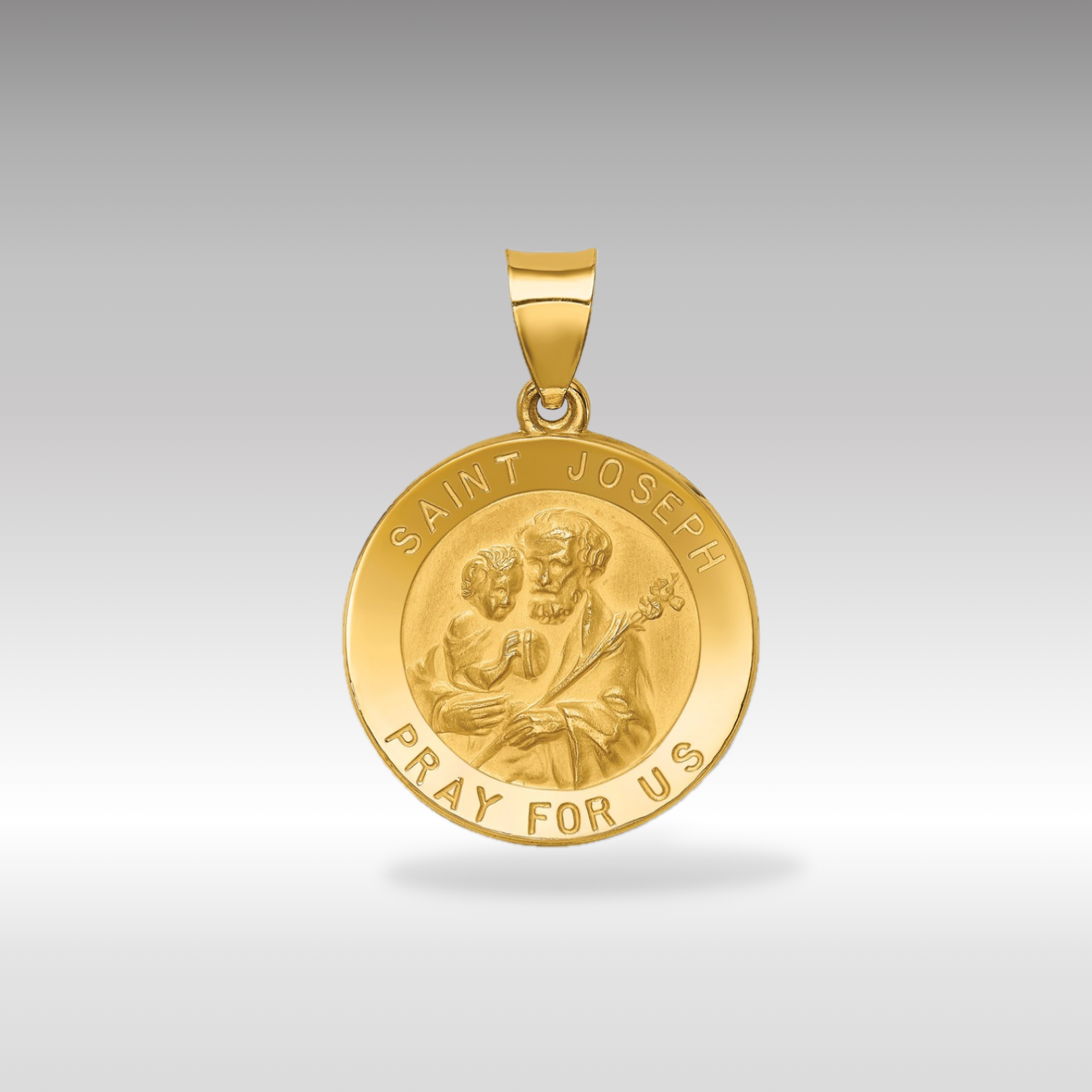 14K Gold Polished and Satin St. Joseph Medal Hollow Pendant - Charlie & Co. Jewelry