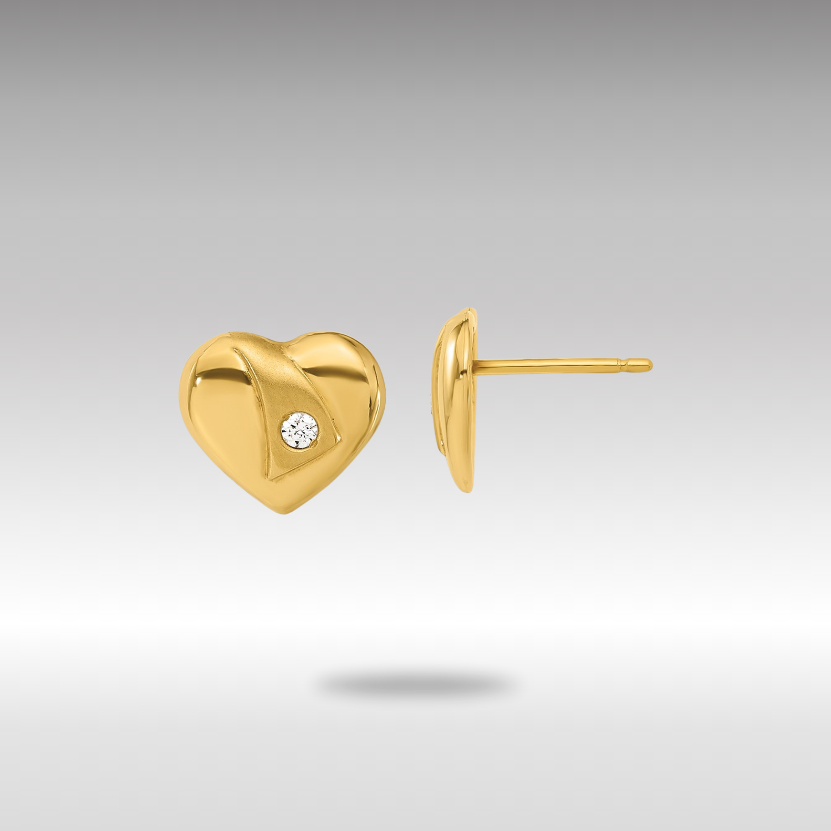 Gold Polished and Satin CZ Heart Post Earrings - Model XY852 - Charlie & Co. Jewelry