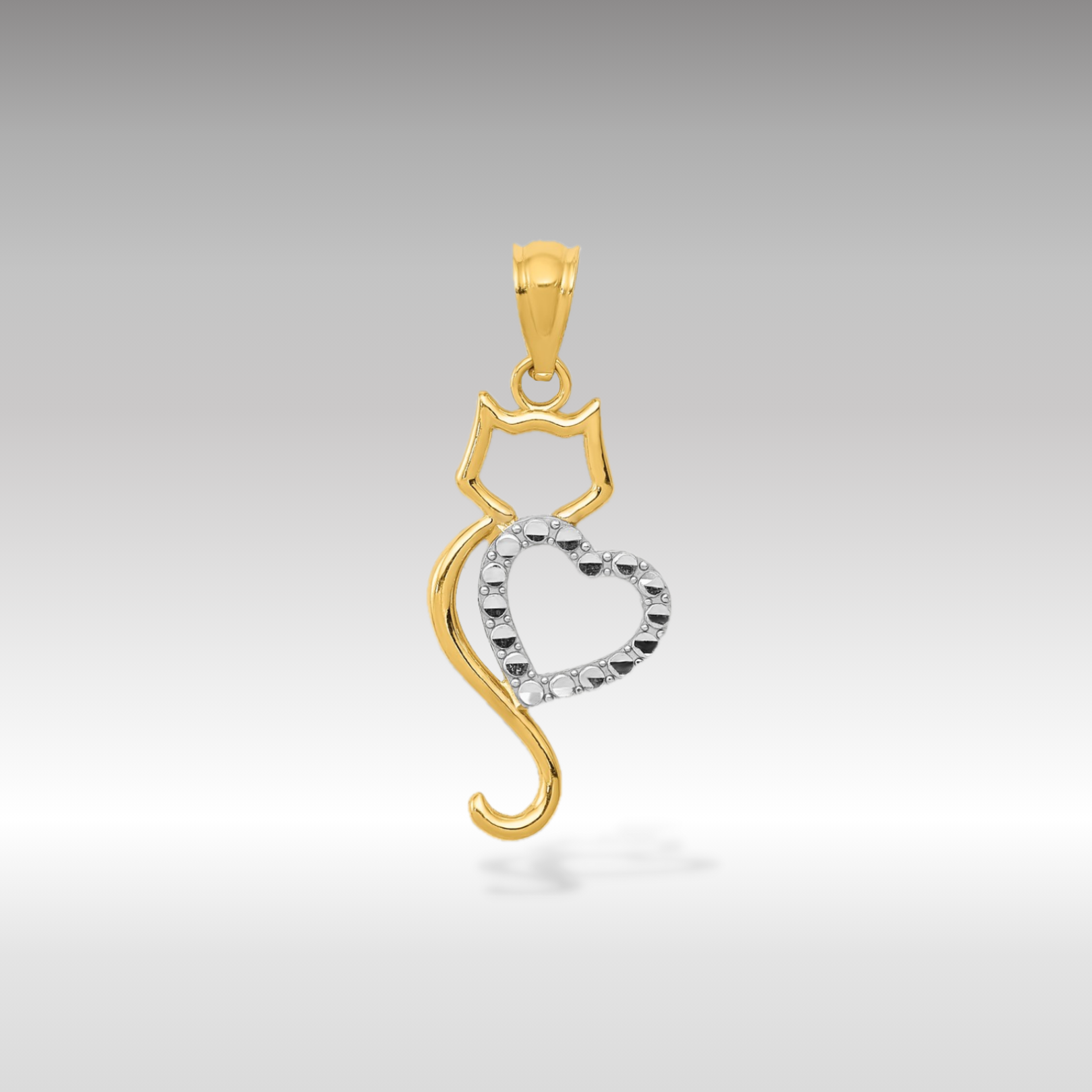 14K Gold Polished Cat with Heart Pendant - Charlie & Co. Jewelry