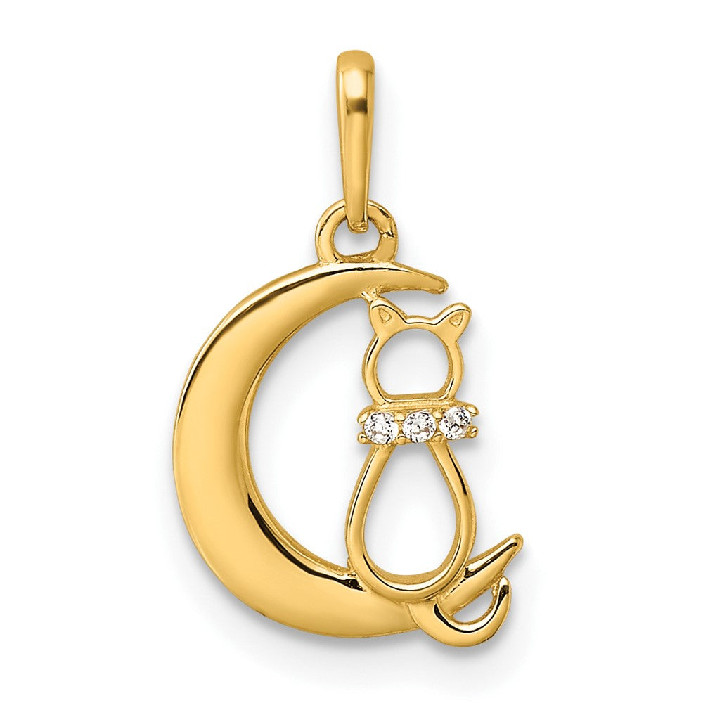 14k Gold CZ Cat and Moon Necklace Pendant - Charlie & Co. Jewelry