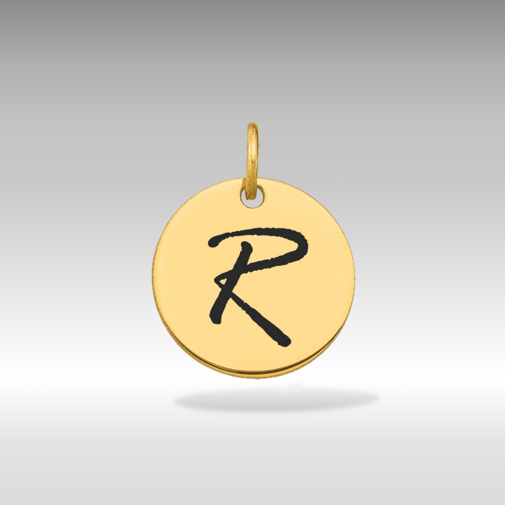 14K Gold Script Letter 'R' Circular Charm with Black Enamel - Charlie & Co. Jewelry