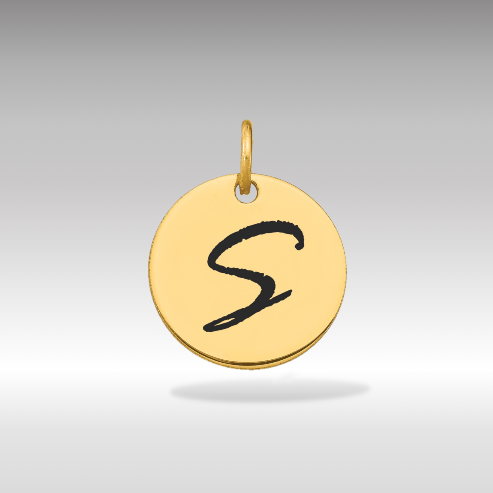 14K Gold Script Letter 'S' Circular Charm with Black Enamel - Charlie & Co. Jewelry