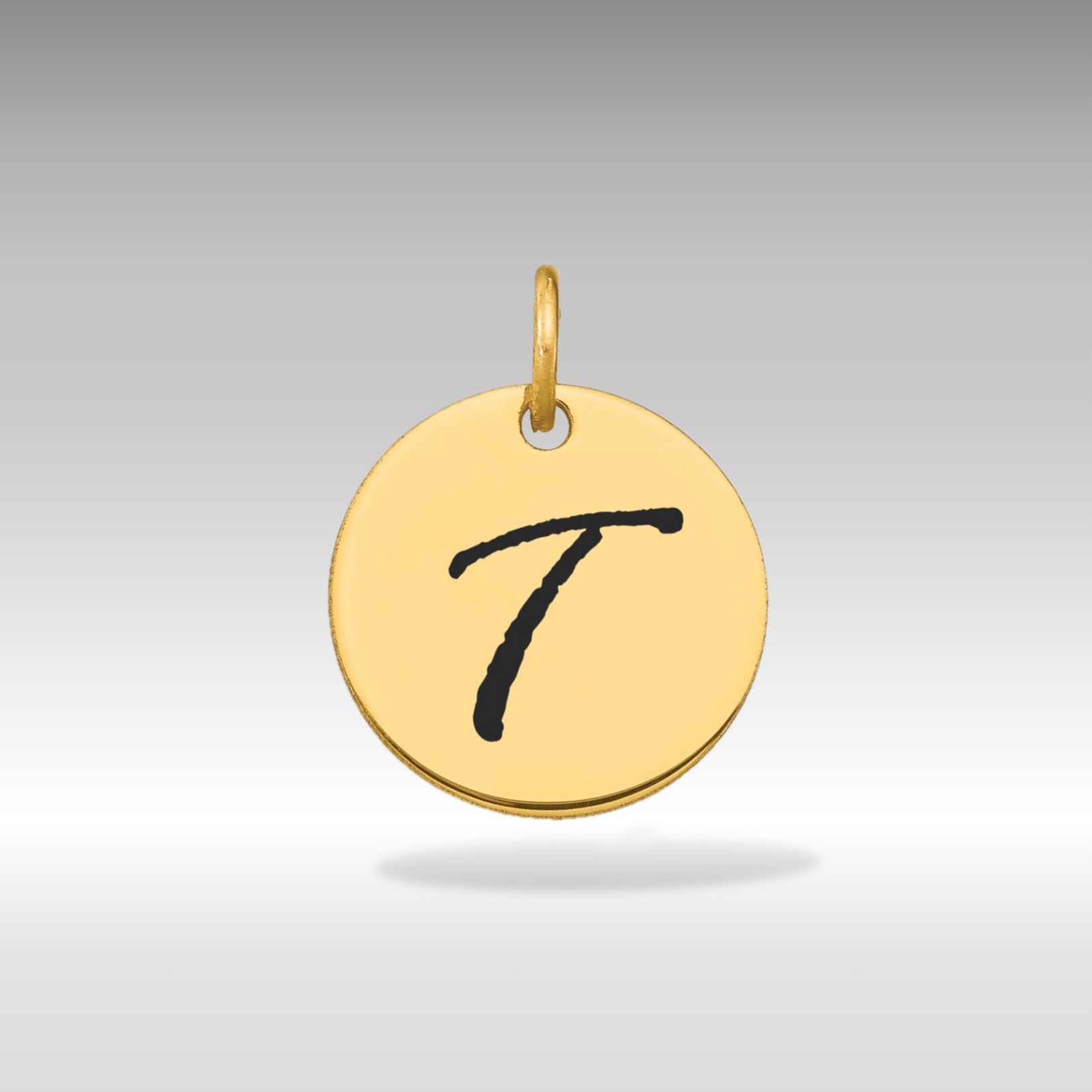 14K Gold Script Letter 'T' Circular Charm with Black Enamel - Charlie & Co. Jewelry
