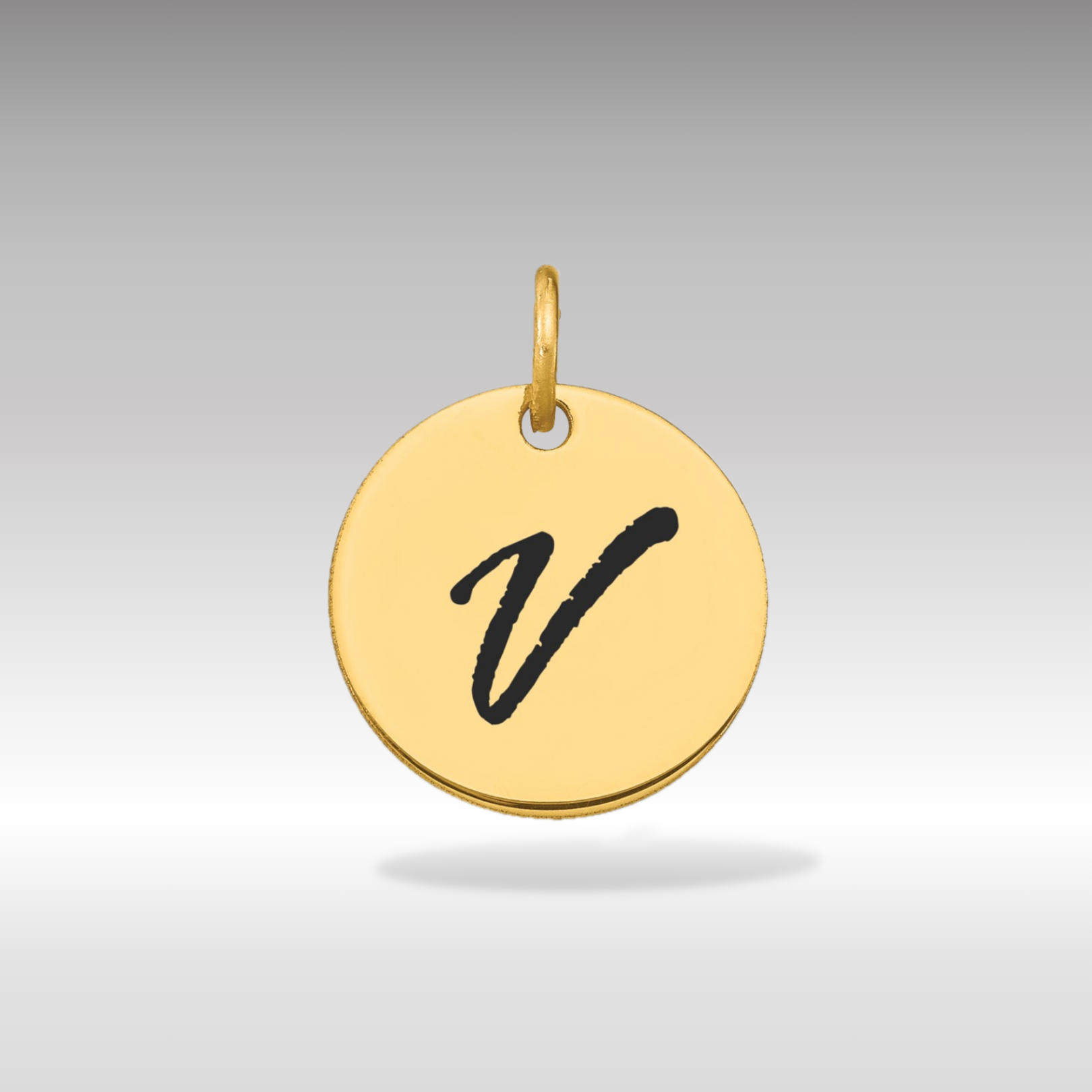 14K Gold Script Letter 'V' Circular Charm with Black Enamel - Charlie & Co. Jewelry