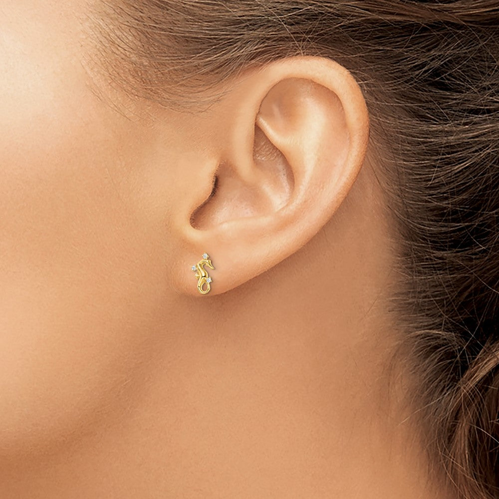 Gold Polished CZ Seahorse Post Earrings - Model YE2112 - Charlie & Co. Jewelry
