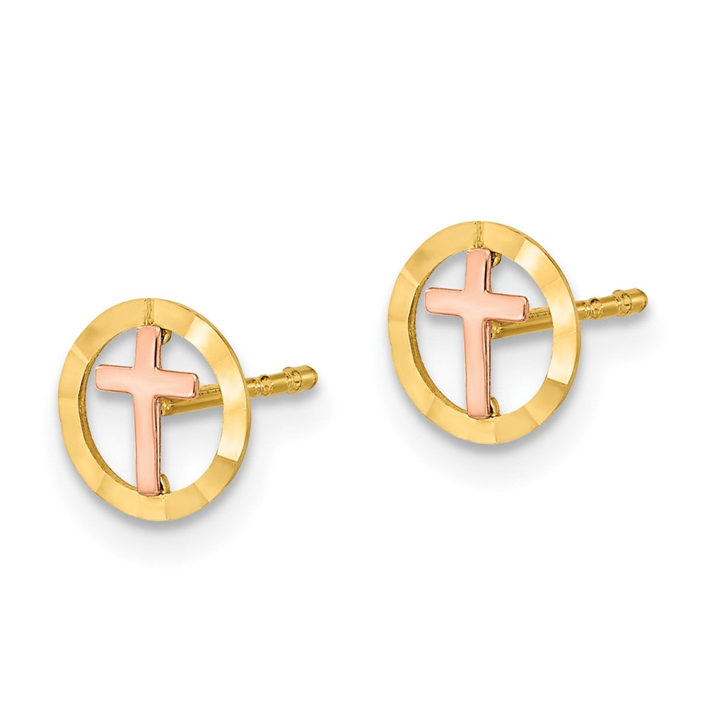 Gold Two-tone Circle with Cross Post Earrings - Model YE2119 - Charlie & Co. Jewelry