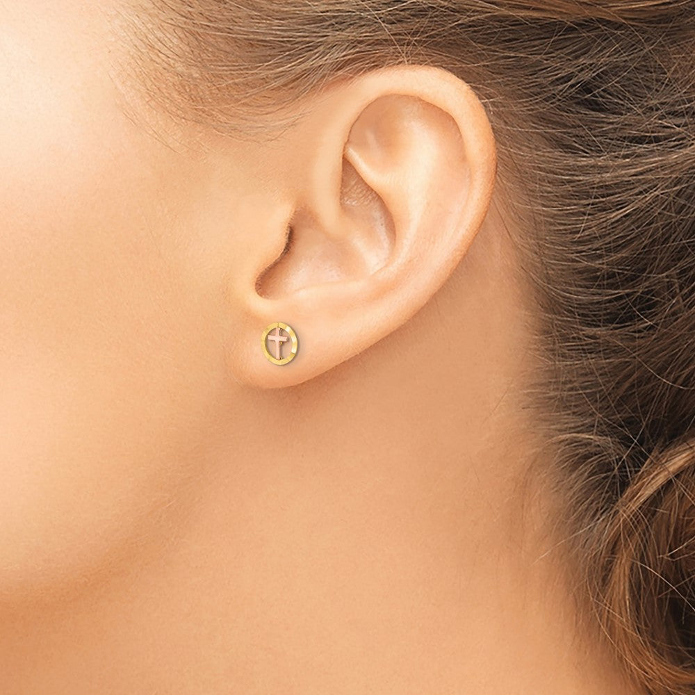 Gold Two-tone Circle with Cross Post Earrings - Model YE2119 - Charlie & Co. Jewelry