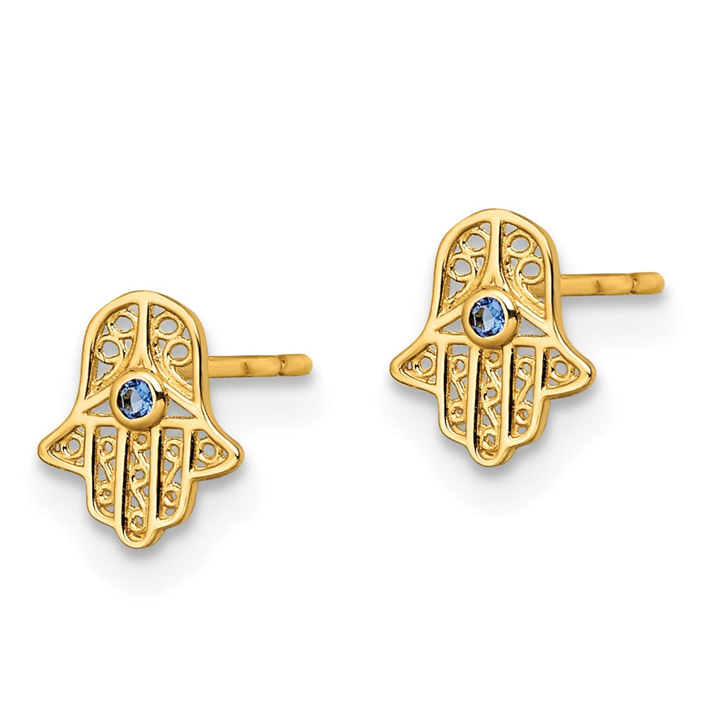 Gold Blue Glass Stone Hamsa Post Earrings - Model YE2131 - Charlie & Co. Jewelry