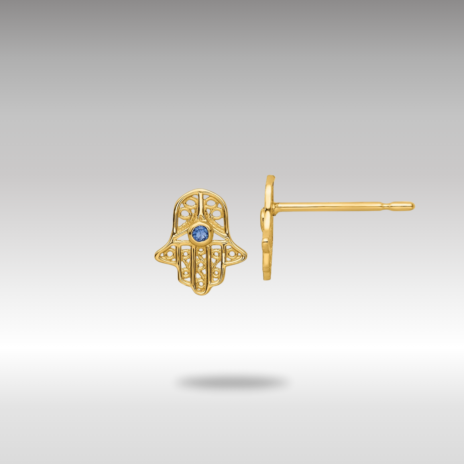 Gold Blue Glass Stone Hamsa Post Earrings - Model YE2131 - Charlie & Co. Jewelry