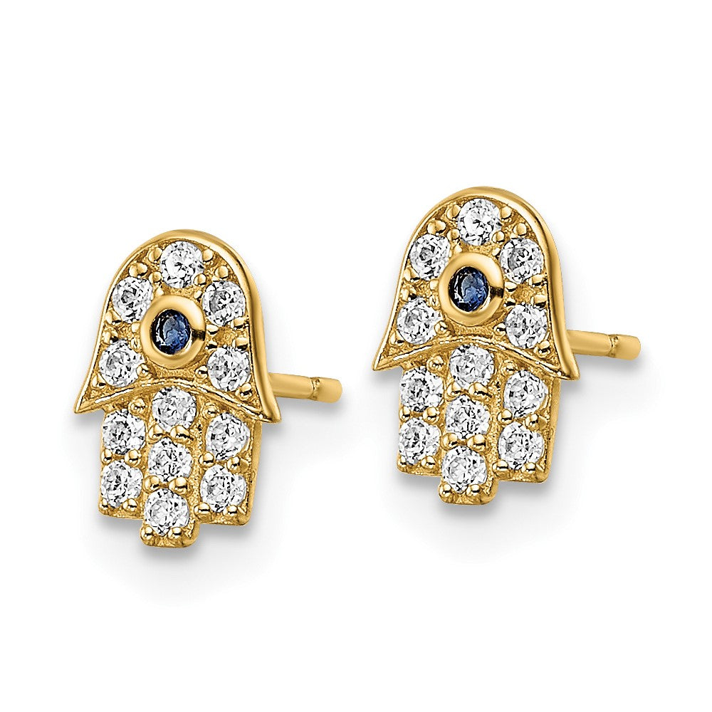Gold CZ and Blue Glass Stone Hamsa Post Earrings - Model YE2133 - Charlie & Co. Jewelry