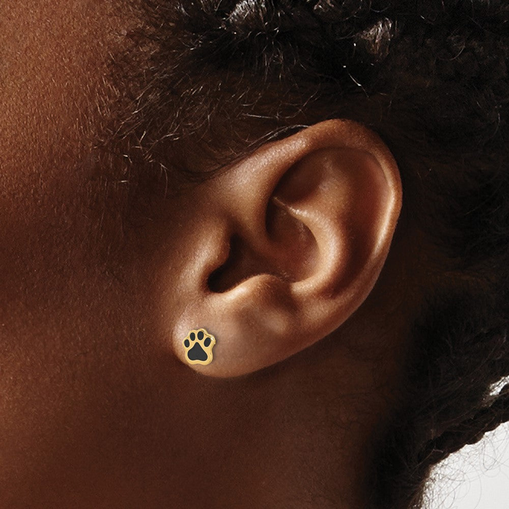 Gold Polished Paw with Black Enamel Post Earrings - Model YE2216 - Charlie & Co. Jewelry