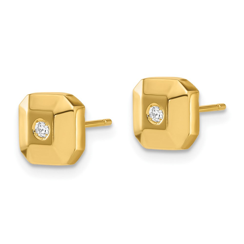 Gold Polished Faceted Square with CZ Post Earrings - Model YE237 - Charlie & Co. Jewelry