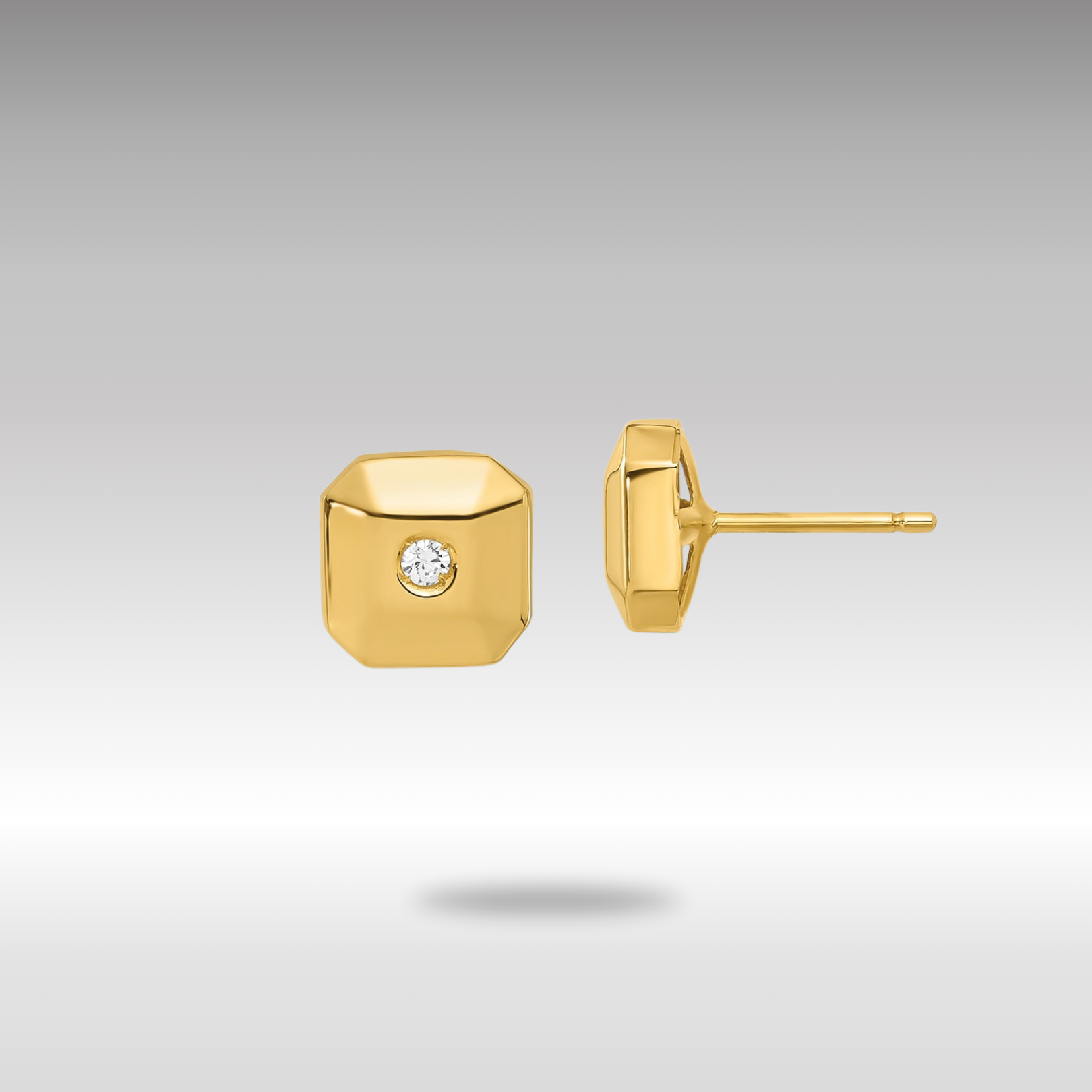 Gold Polished Faceted Square with CZ Post Earrings - Model YE237 - Charlie & Co. Jewelry