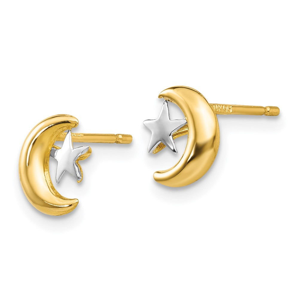 Gold Polished and Rhodium Moon and Star Post Earrings - Model YE325 - Charlie & Co. Jewelry