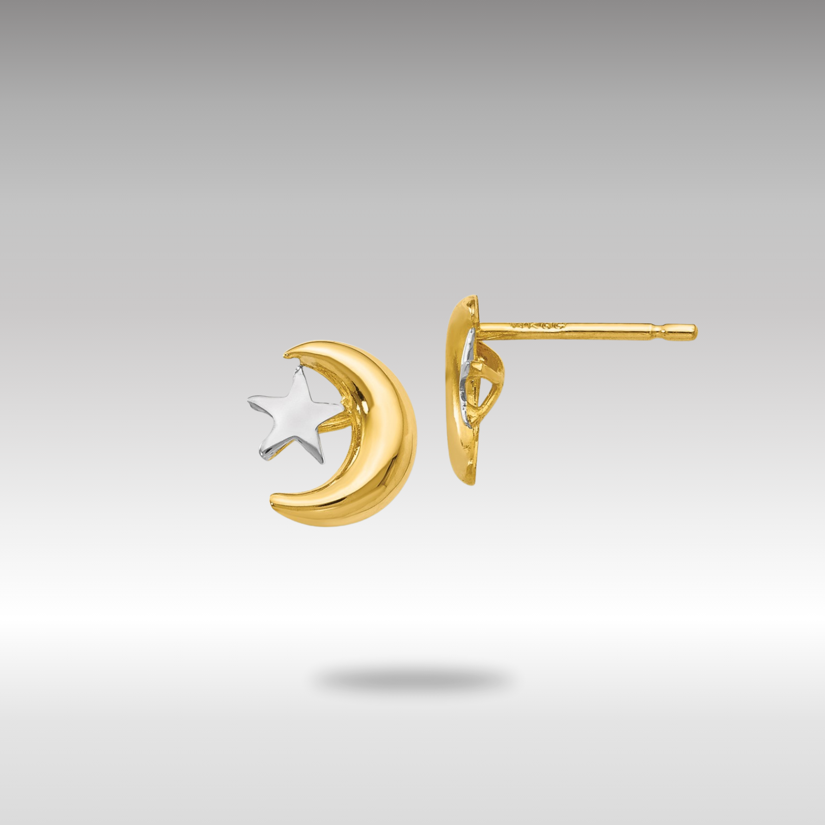 Gold Polished and Rhodium Moon and Star Post Earrings - Model YE325 - Charlie & Co. Jewelry